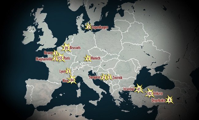 За последние 2 года жертвами терактов в Европе стали 443 человека (карта)